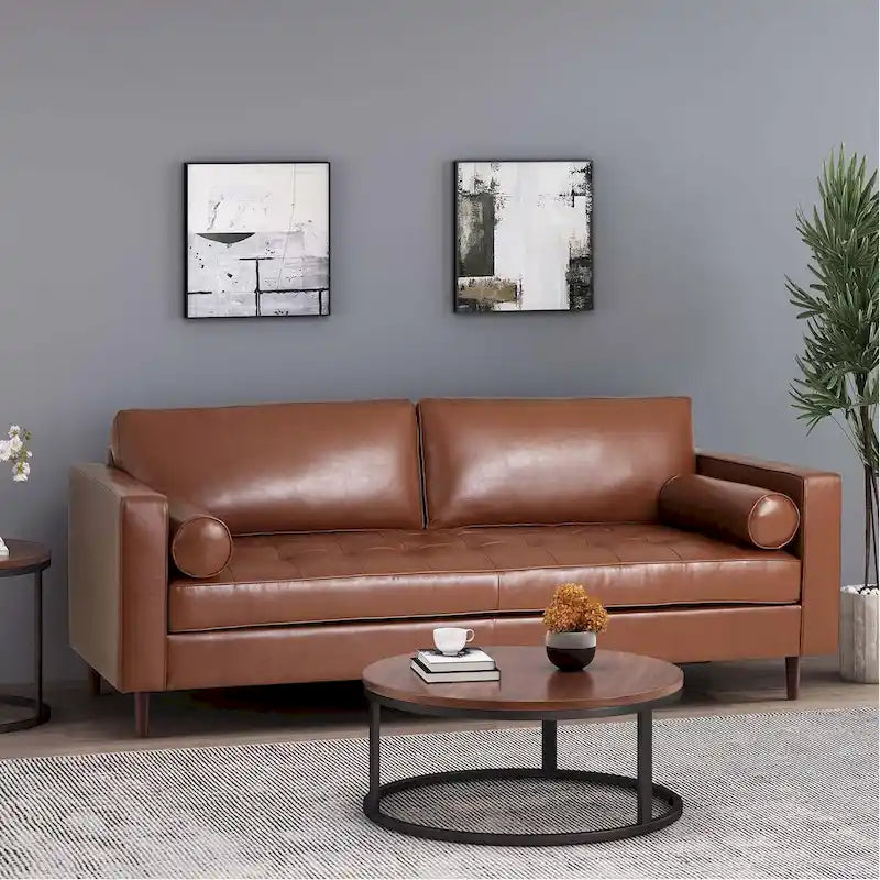 Canapé en similicuir de style moderne avec pieds en bois
