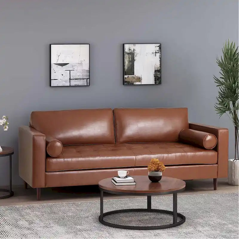Canapé en similicuir de style moderne avec pieds en bois