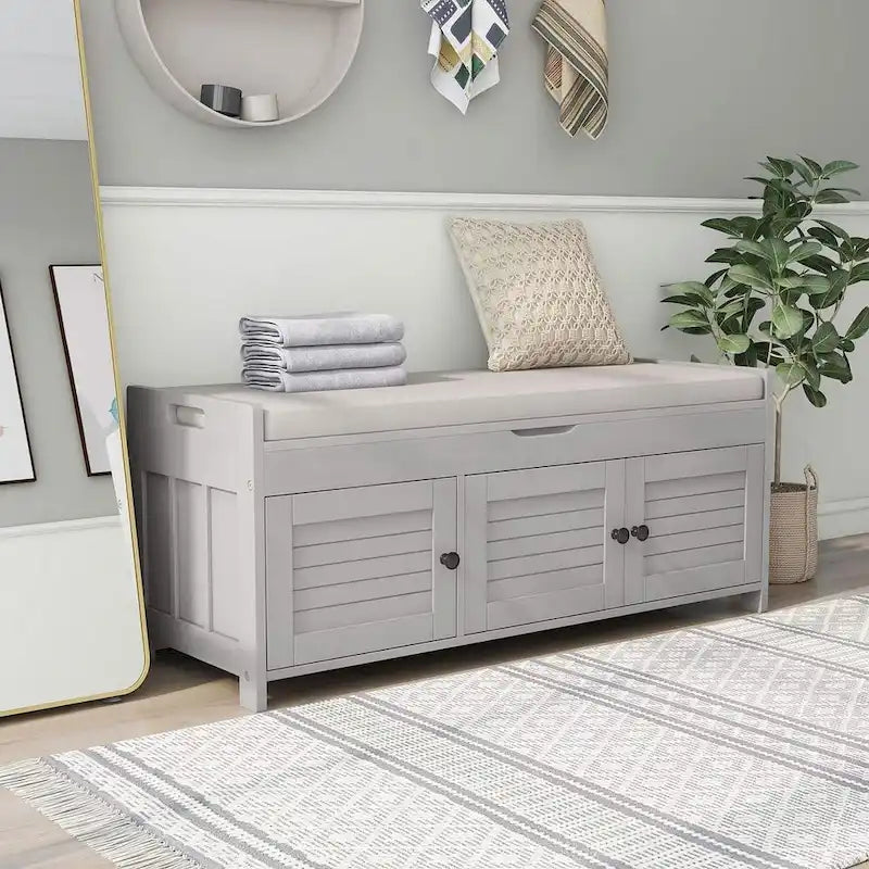 Farmhouse 3-Door Upholstered Shoe Bench with Removable Cushion and Hidden Storage Space