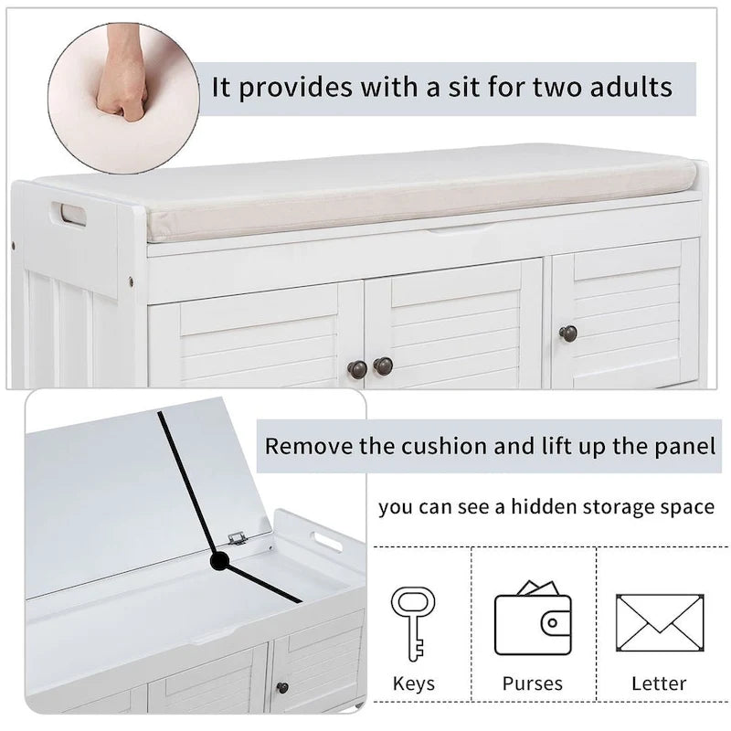 Banc de rangement à chaussures rembourré à trois portes