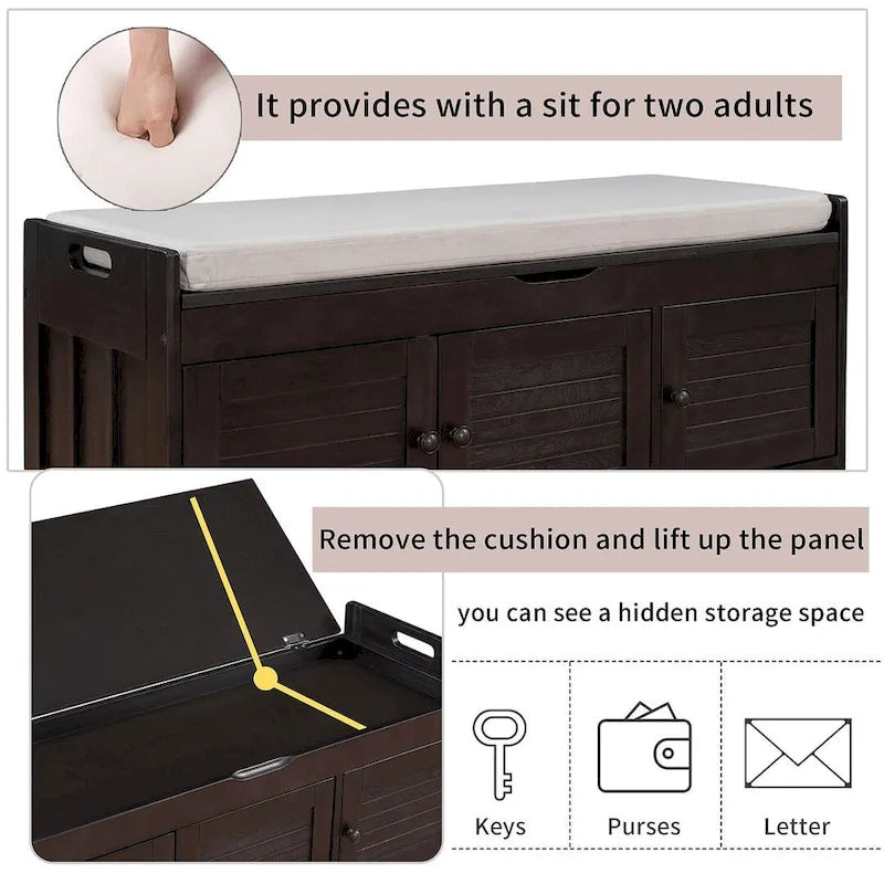 Banc de rangement à chaussures rembourré à trois portes