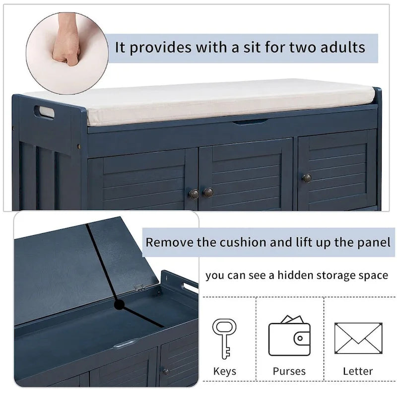 Banc de rangement à chaussures rembourré à trois portes