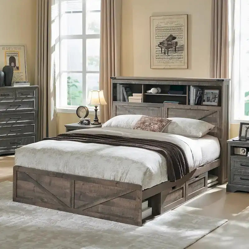Cadre de lit en bois queen-size de style ferme avec tête de lit de rangement et tiroirs