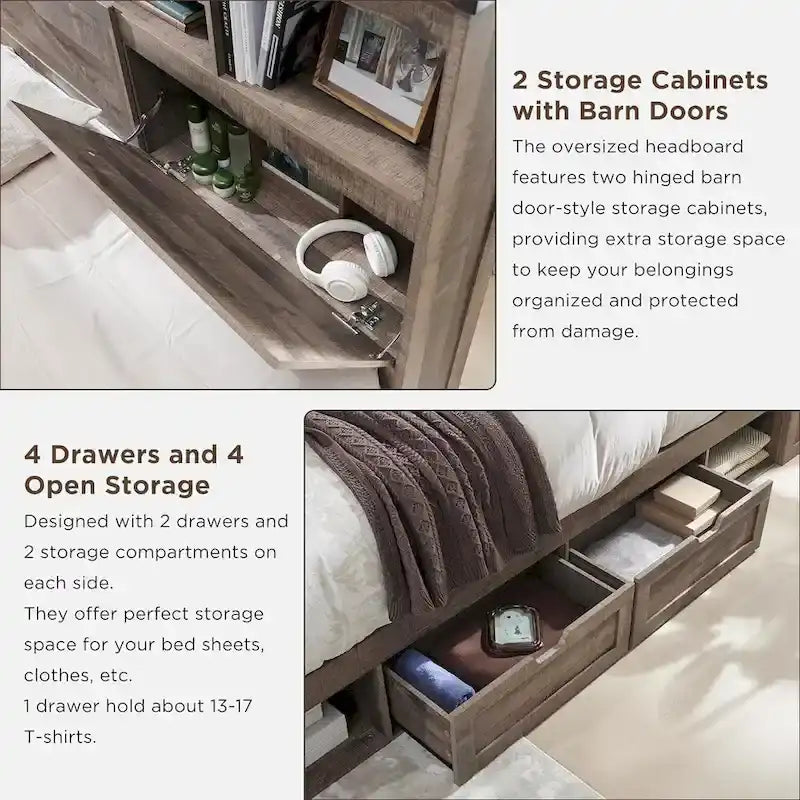 Cadre de lit en bois queen-size de style ferme avec tête de lit de rangement et tiroirs