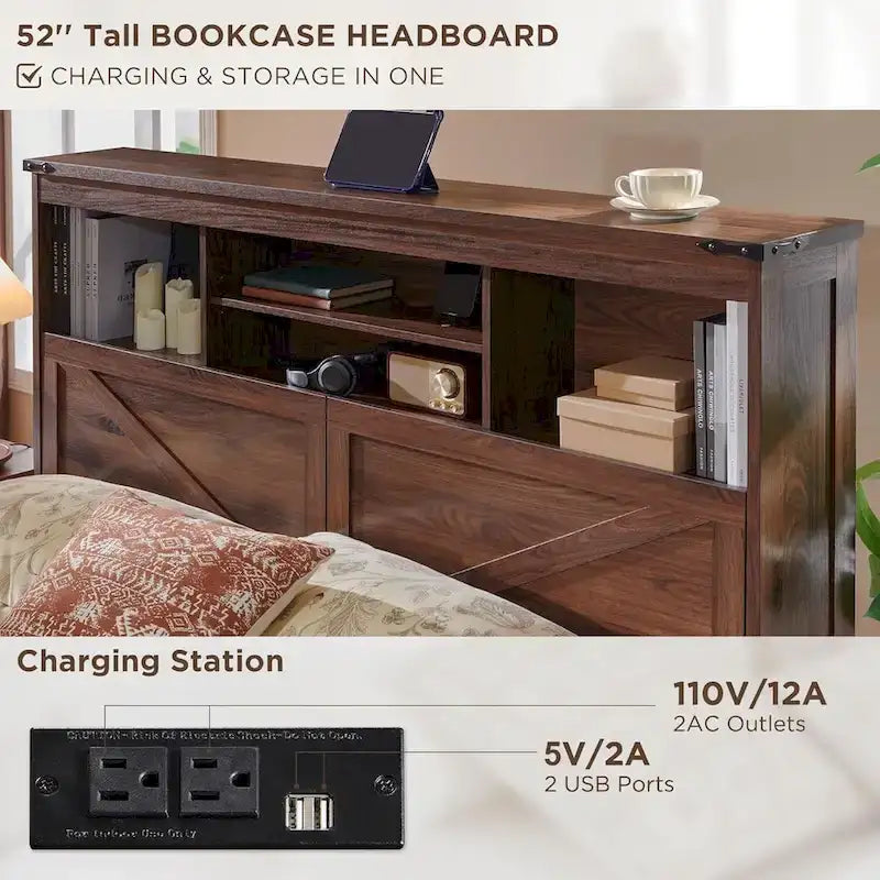 Cadre de lit en bois queen-size de style ferme avec tête de lit de rangement et tiroirs
