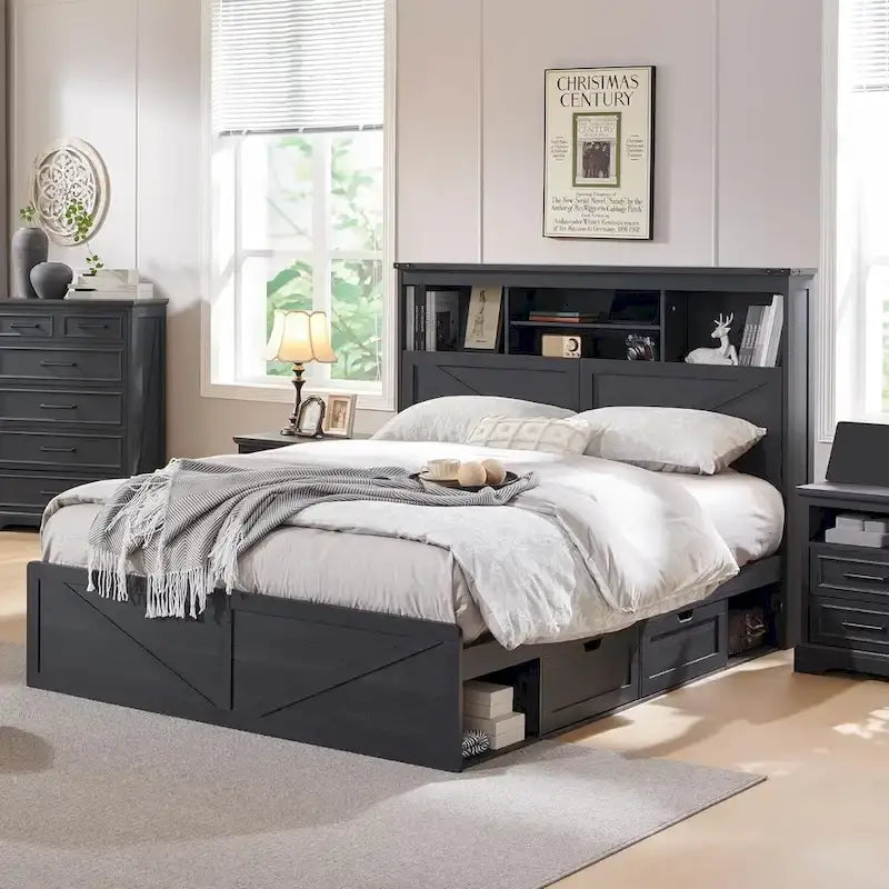 Cadre de lit en bois queen-size de style ferme avec tête de lit de rangement et tiroirs