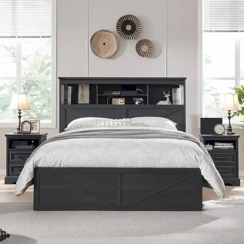 Cadre de lit en bois queen-size de style ferme avec tête de lit de rangement et tiroirs