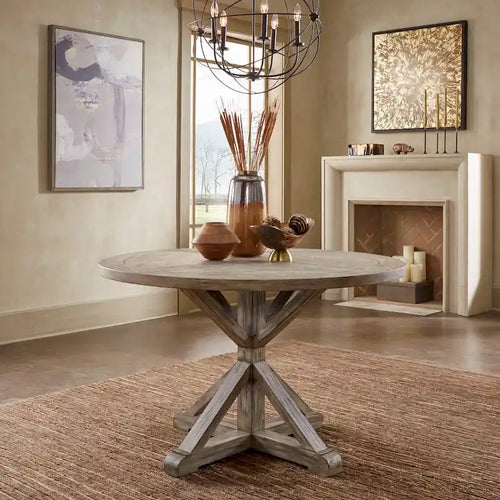 Table à manger ronde en chêne gris antique