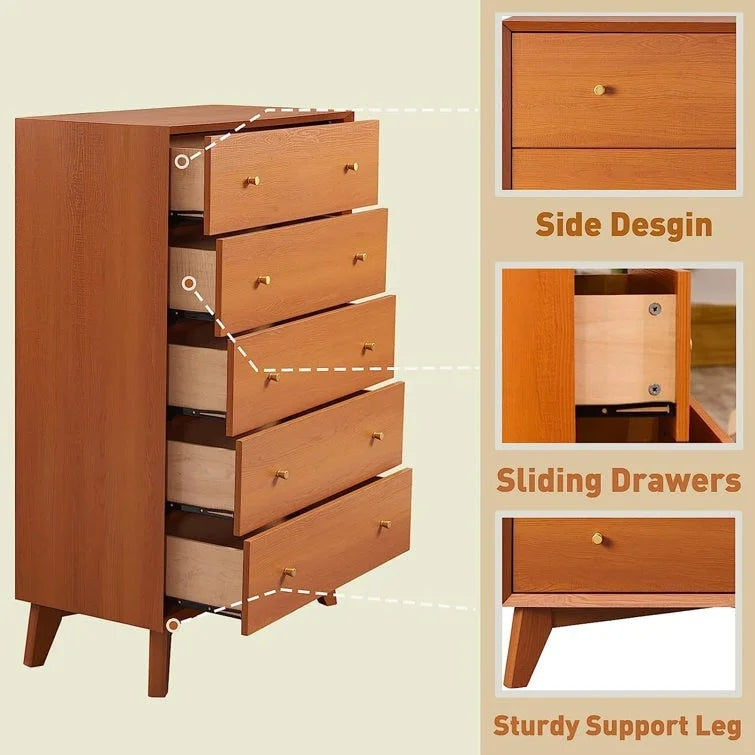 Commode 5 tiroirs en bois style Mid-Century Modern