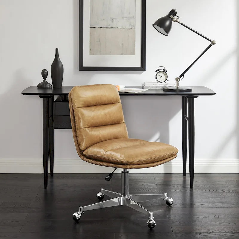 Chaise de bureau Mid-Century Modern en cuir véritable