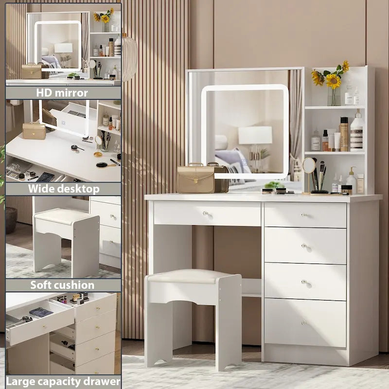Coiffeuse (Tabouret et miroir tactile 3 couleurs inclus)
