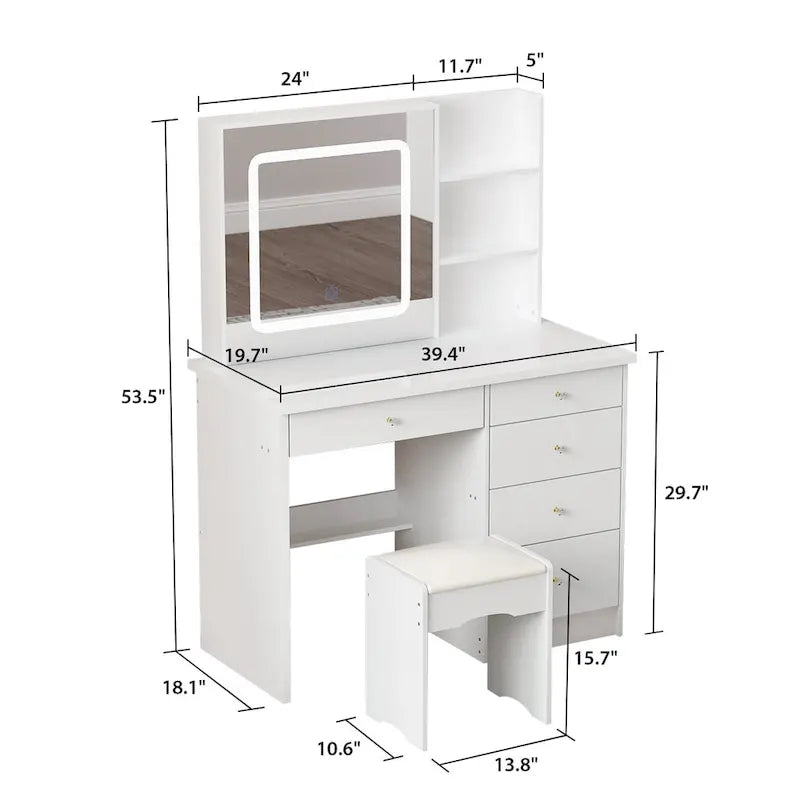 Coiffeuse (Tabouret et miroir tactile 3 couleurs inclus)