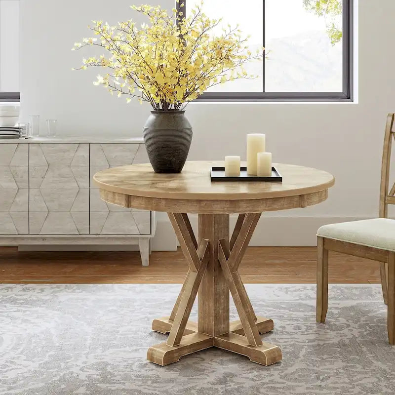 Table à manger ronde en bois massif naturel avec piètement croisé