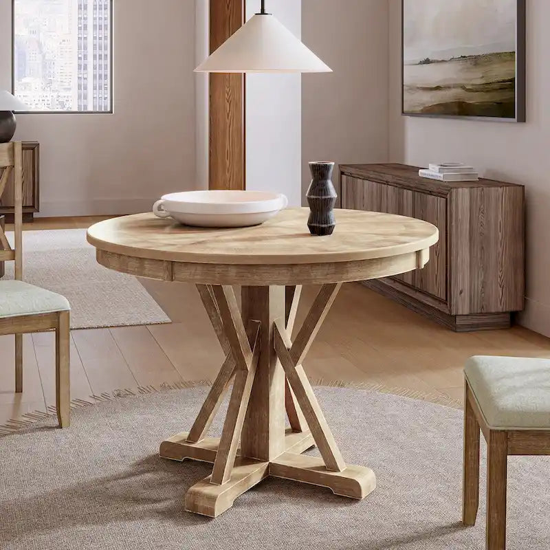 Table à manger ronde en bois massif naturel avec piètement croisé