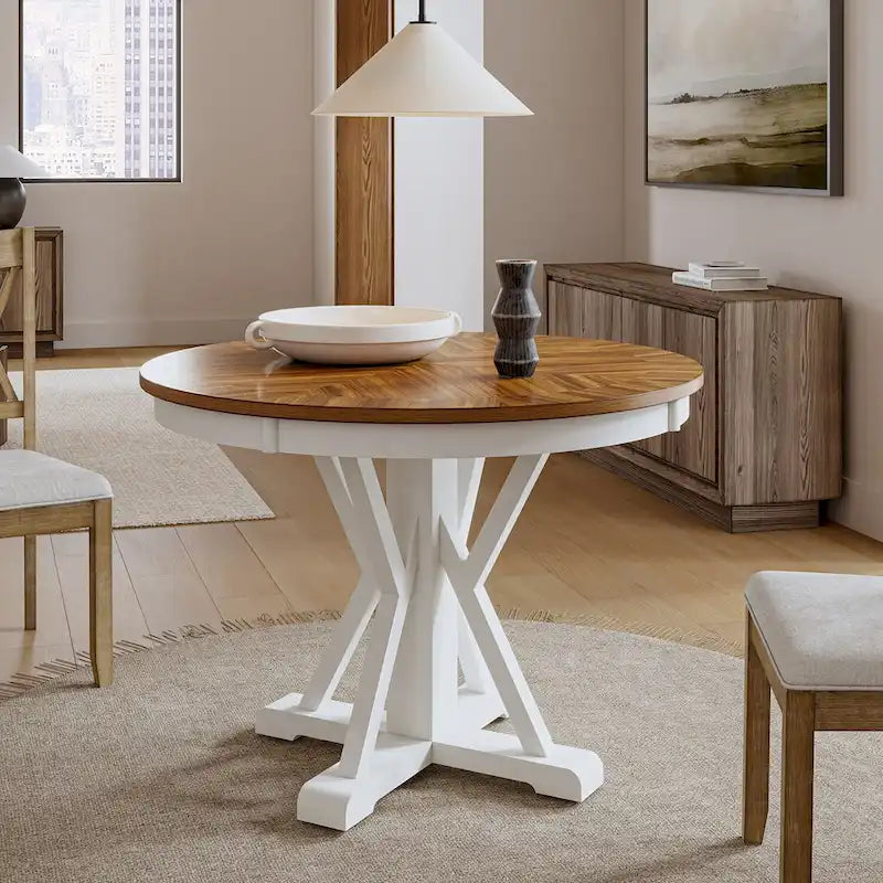 Table à manger ronde en bois massif naturel avec piètement croisé