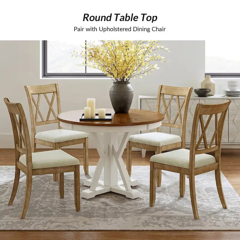 Table à manger ronde en bois massif naturel avec piètement croisé