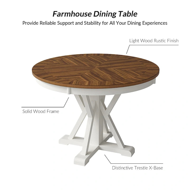 Table à manger ronde en bois massif naturel avec piètement croisé