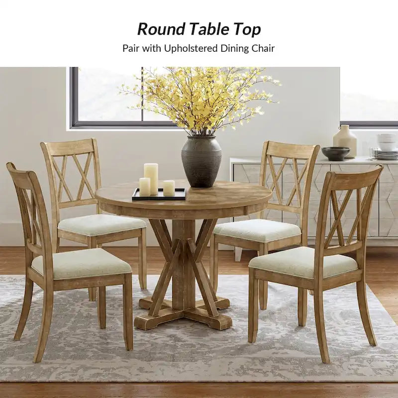 Table à manger ronde en bois massif naturel avec piètement croisé