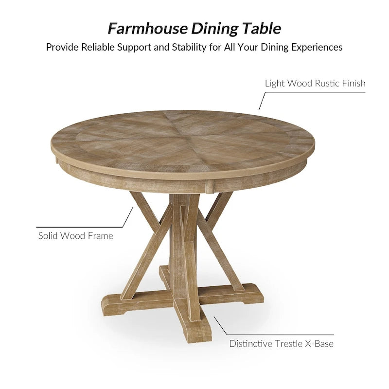 Table à manger ronde en bois massif naturel avec piètement croisé