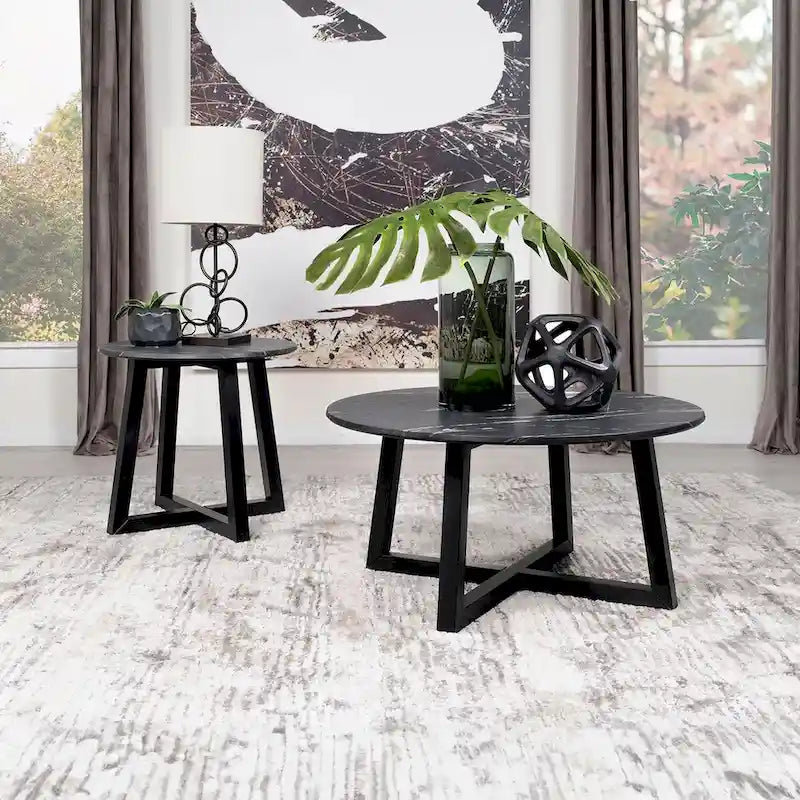 Table d'appoint noire avec plateau effet marbre