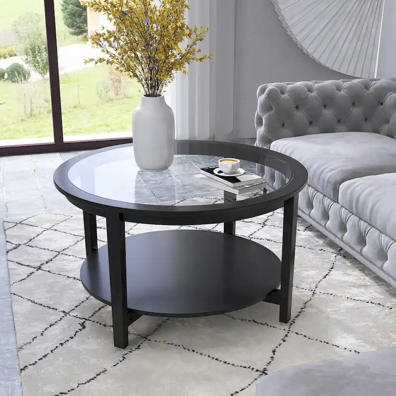 Table basse de rangement moderne en bois massif noir et verre