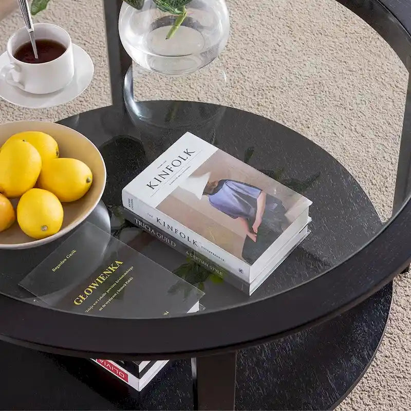 Table basse de rangement moderne en bois massif noir et verre