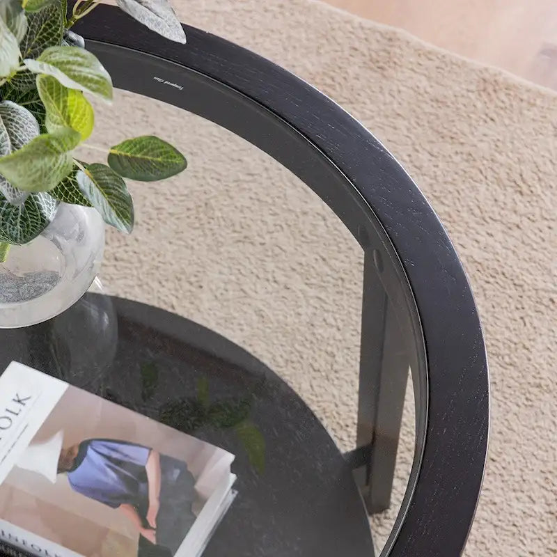 Table basse de rangement moderne en bois massif noir et verre