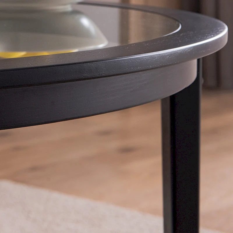 Table basse de rangement moderne en bois massif noir et verre