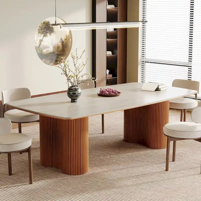 78.7 Rectangle Dining Table, Luxury Sintered Stone Kitchen Table with Solid Wood Legs